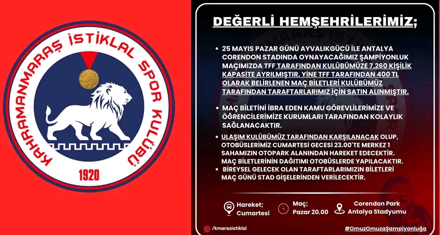 Kahramanmaraş İstiklalspor'dan Taraftara Final Müjdesi!