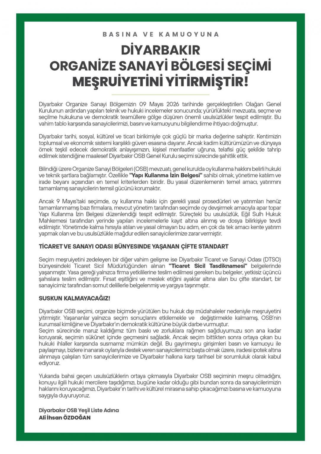 Diyarbakır OSB Başkan Adayı Ali İhsan Özdoğan: “OSB Seçimi Meşruiyetini Yitirmiştir”