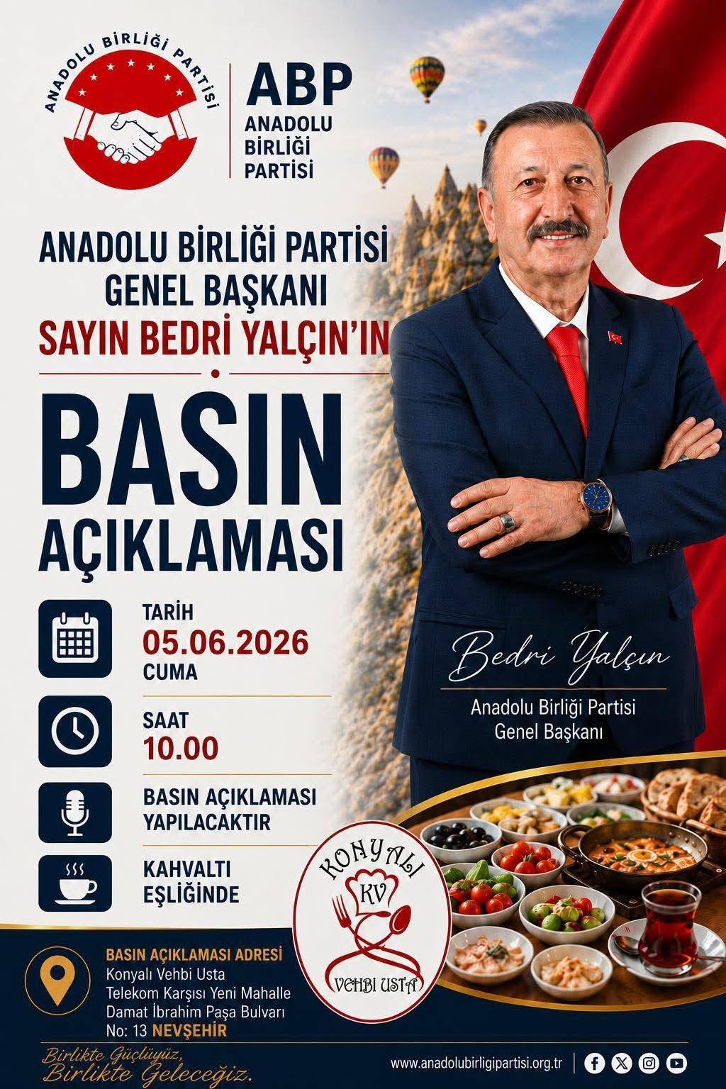 ANADOLU BİRLİĞİ PARTİSİ GENEL BAŞKANI BEDRİ YALÇIN: “YOLSUZLUK VE HIRSIZLIK, DEMOKRASİNİN VE MİLLETİN GELECEĞİNİN ÖNÜNDEKİ EN BÜYÜK ENGELLERDEN BİRİDİR”