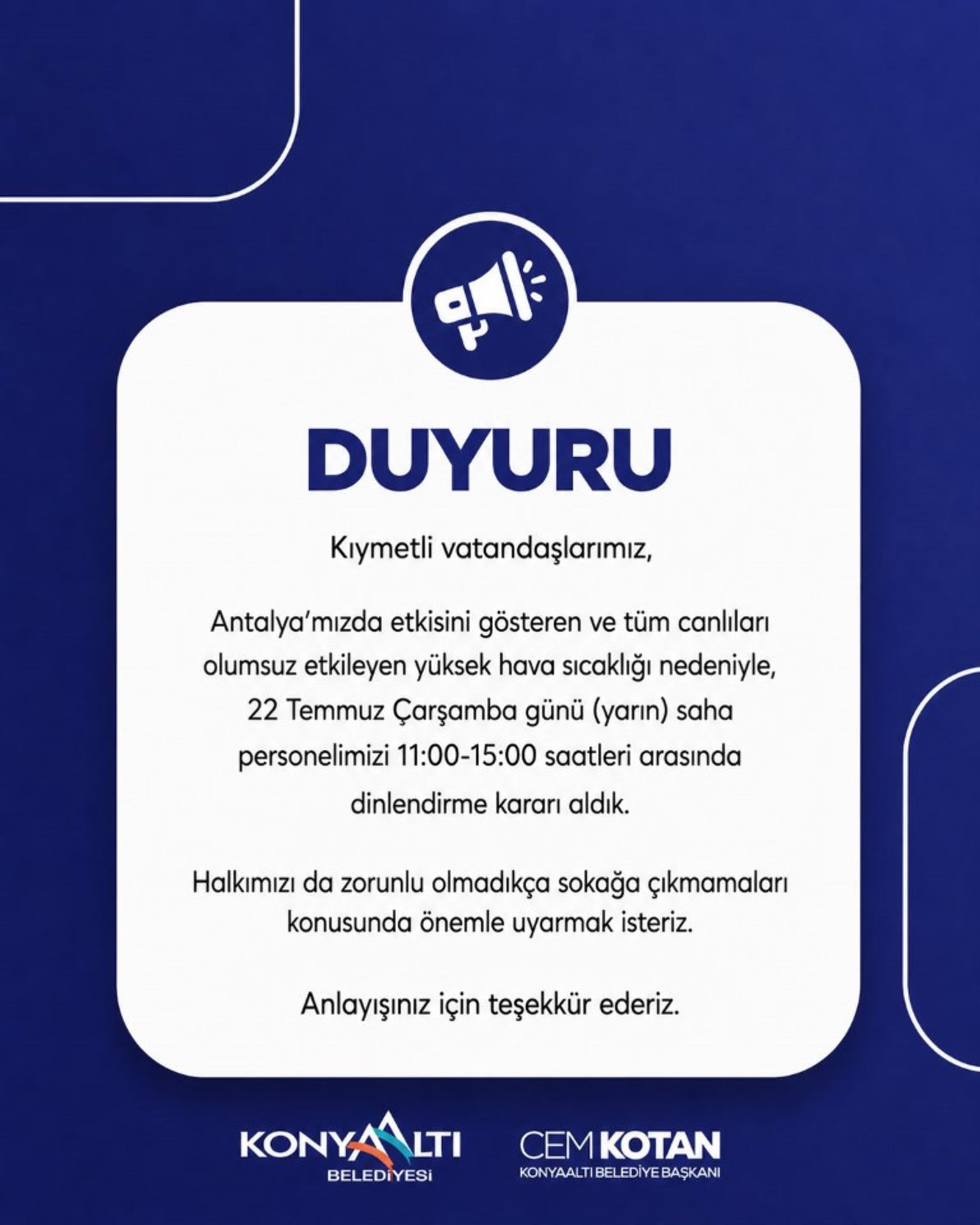 Konyaaltı Belediyesi'nden sıcak hava tedbiri: "Saha personeli dinlendirilecek"